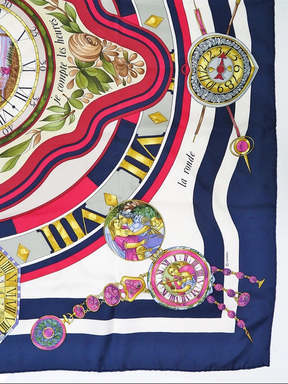 Hermès Navy, Red, Pink & Gold Clock Motif Silk Scarf - Picture 5 of 13